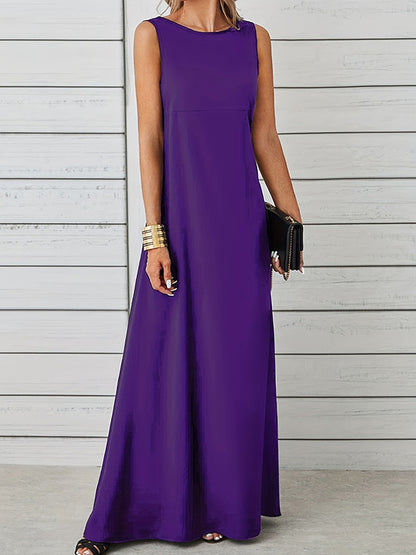 A-line Loose Color Round-neck Maxi Dresses