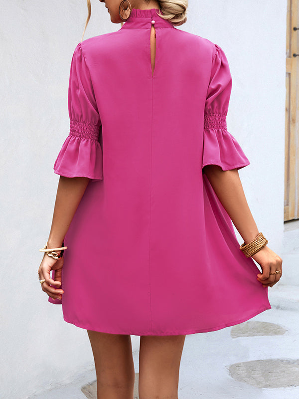 Half Sleeves Loose Color High-neck Mini Dresses