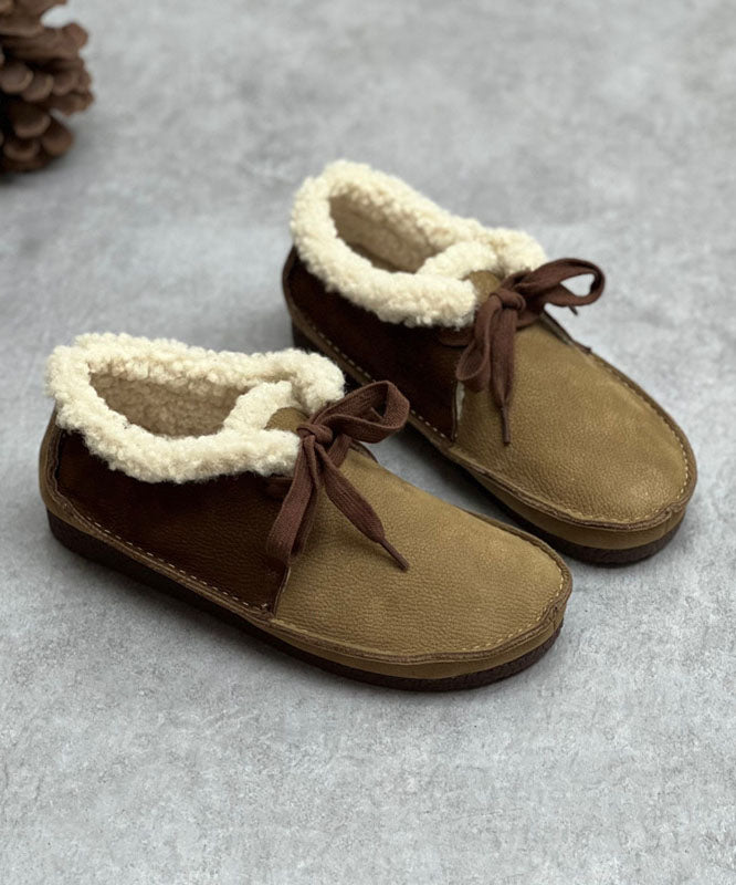 Coffee Flat Shoes for Lace Up Fuzzy Wool Lined Flat Shoes for