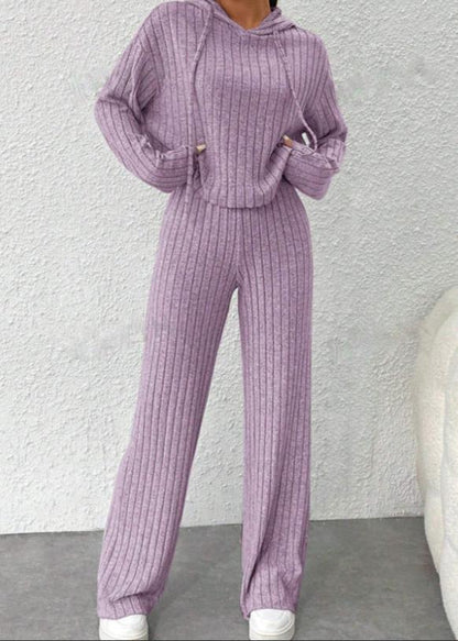 Striped Knit Long Hoodie and Pants Set