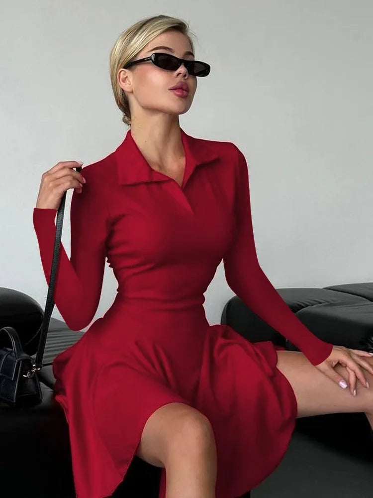Lapel Autumn Mini Dress Female High Waist Slim Patchwork Skinny Party Dress ’s Bodycon Dress