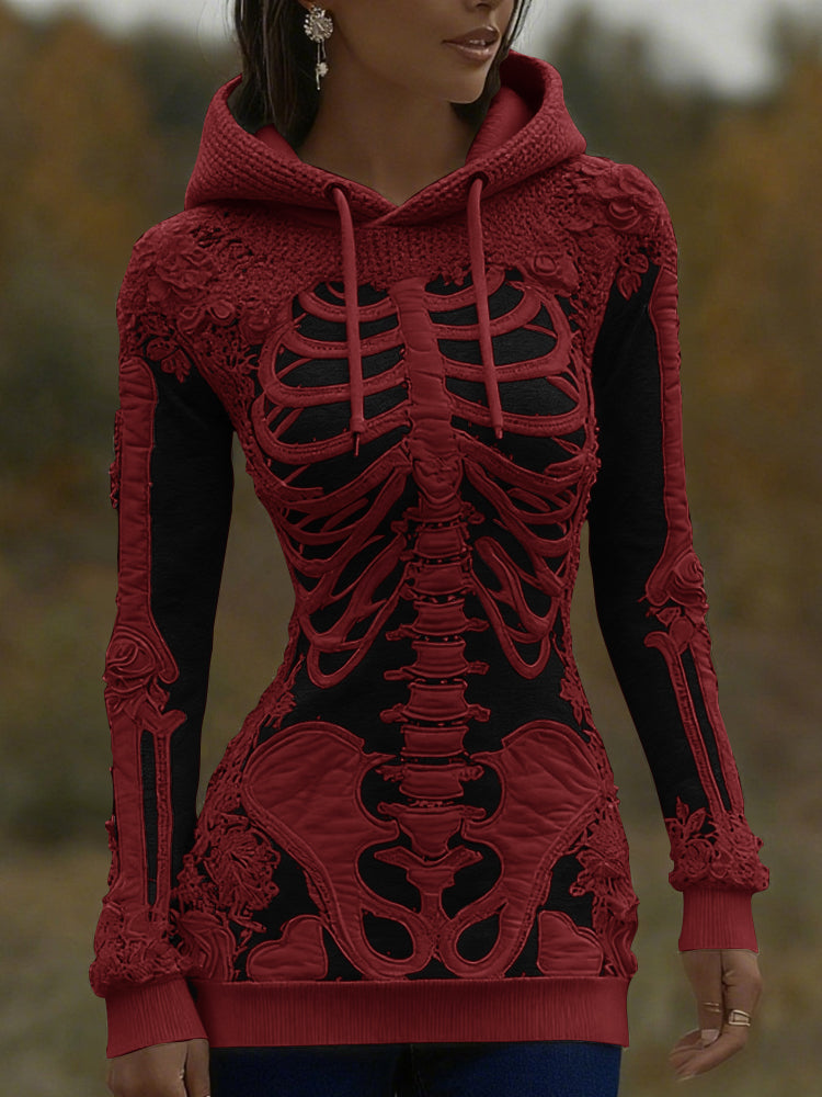 Women's Halloween Skeleton Bones With Roses Art Knitted Warm Hooded Sweater artswardrobe