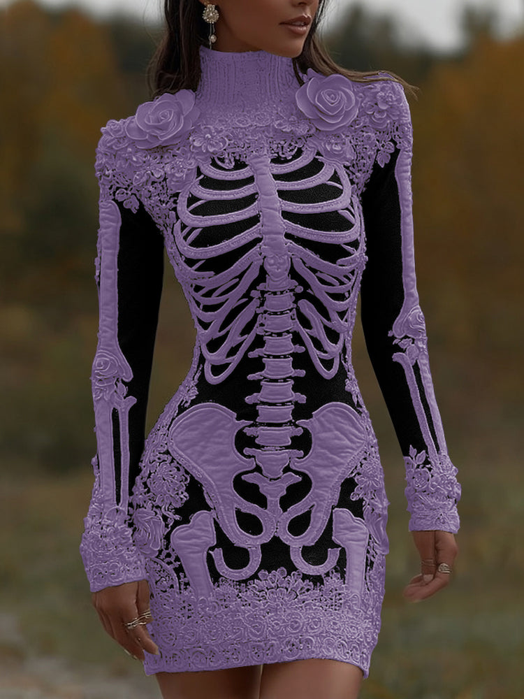 Comstylish Comstylish Women's Halloween Skeleton Bones With Rose Art Cozy Knit Turtleneck Mini Sweater Dress