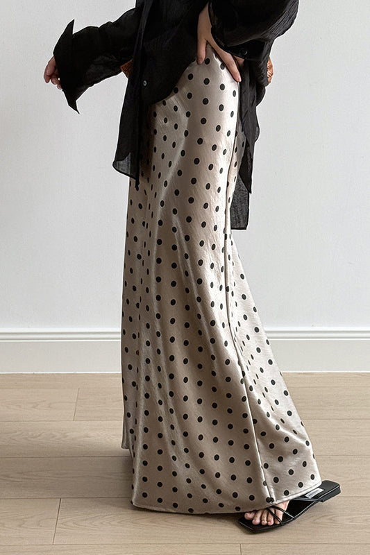 Polka Dot Satin High Waist A-line Midi Skirt