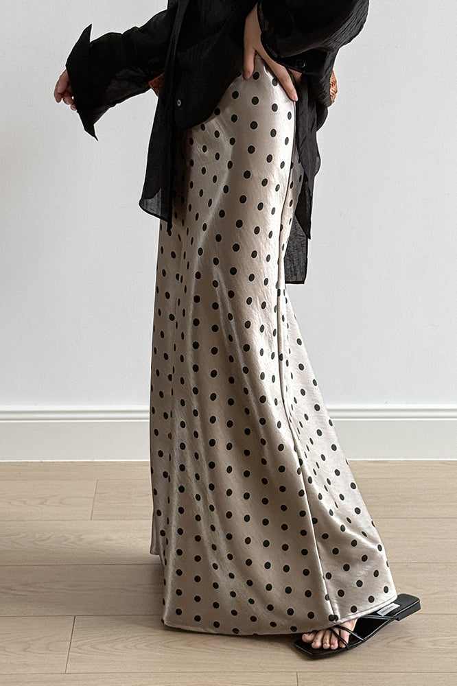 Polka Dot Satin High Waist A-line Midi Skirt