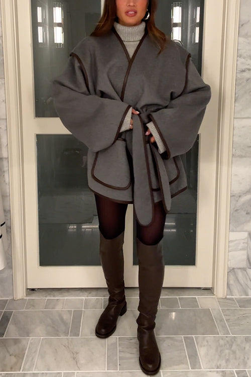 Moxidress Open Front Pocketed Splice Coat With Belt