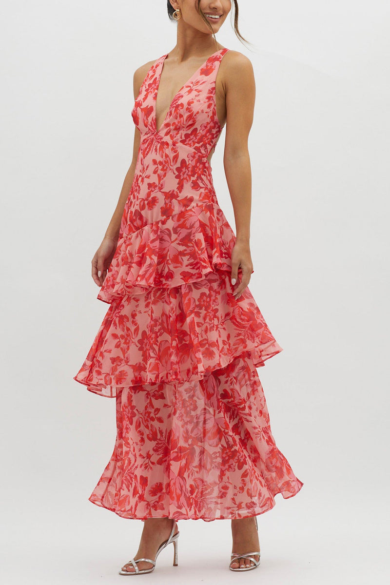 Print Tie-up Back Chiffon Tiered Dress