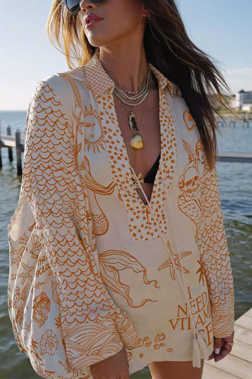 Moxidress Collared V Neck Shirt and Side Slit Shorts Vitamin Sea Print Set