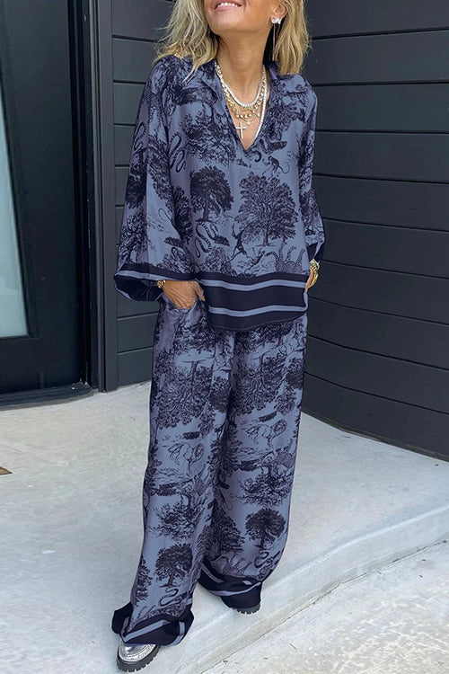 Moxidress Lapel V Neck Long Sleeves Shirt Wide Leg Pants Printed Set