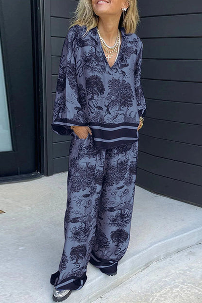 Lapel V Neck Long Sleeves Shirt Wide Leg Pants Printed Set