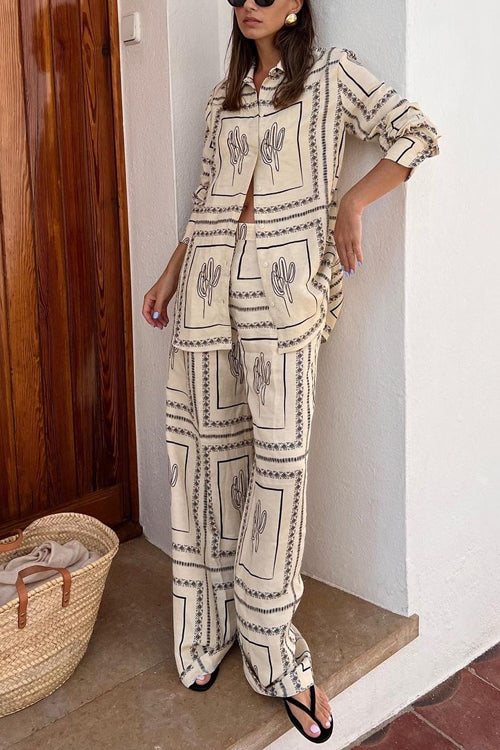 Moxidress Cactus Print Lapel Long Sleeves Shirt Elastic Waist Wide Leg Pants Set