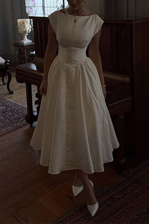 Moxidress Cap Sleeves Open Back Waisted Swing Midi Dress