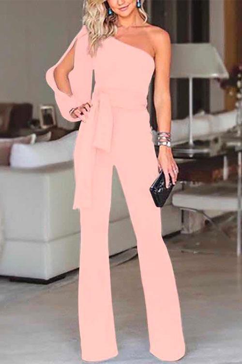 One Shoulder Slit Sleeve Tie Knot Jumpsuit(7 Colors)