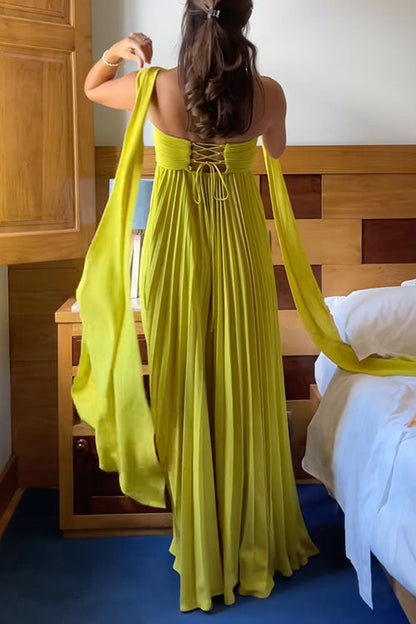 Moxidress Strapless Back Lace-up Pleated Maxi Dress