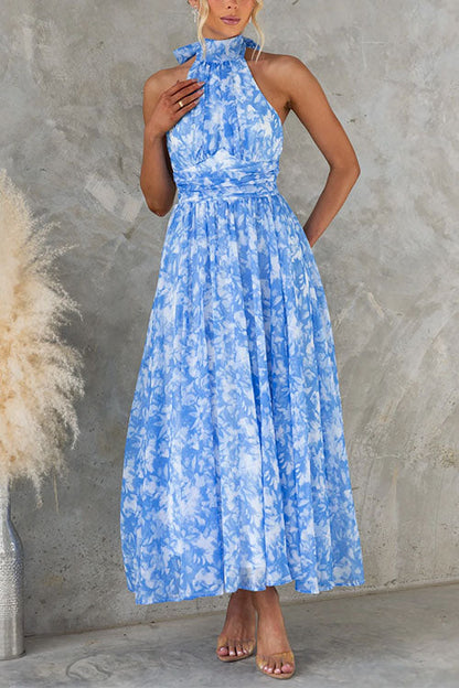 Bow Neck Halter Backless Print Maxi Dress