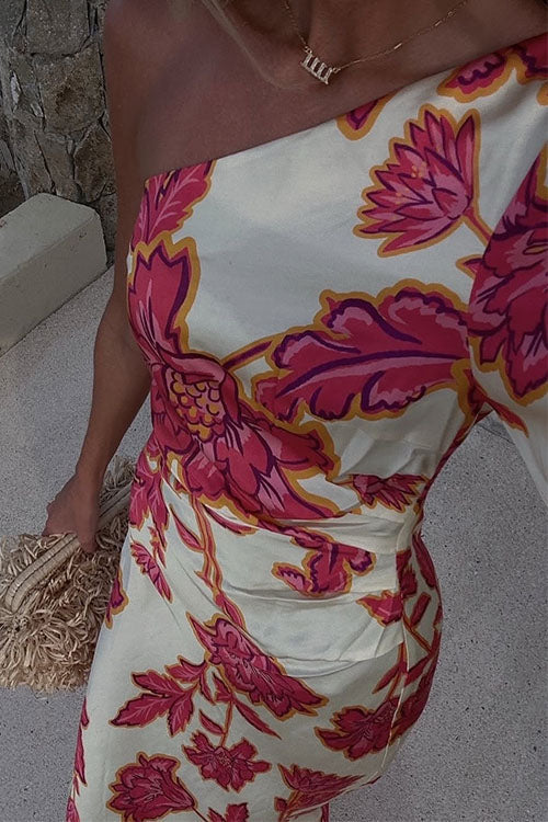 One Shoulder Long Sleeve Print Maxi Dress