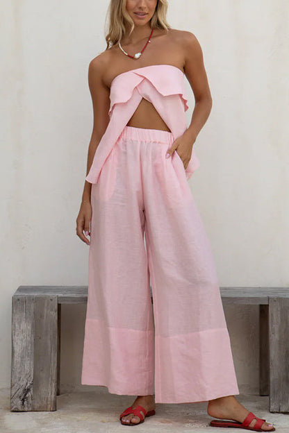 Strapless Ruffle Slit Top Elastic Waist Wide Leg Pants Set