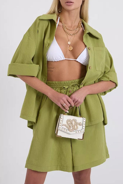 Color Shirt Single-breasted Bermuda Shorts Set