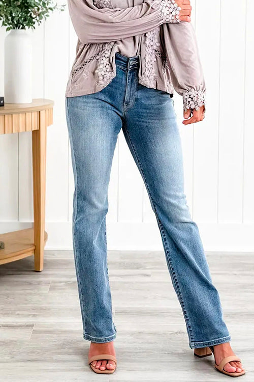 Distressed Straight Leg Stretchy Denim Pants