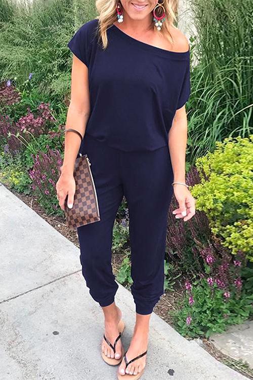 Moxidress Cold Shoulder Short Sleeves Elastic Waist Loungewear Jumpsuit