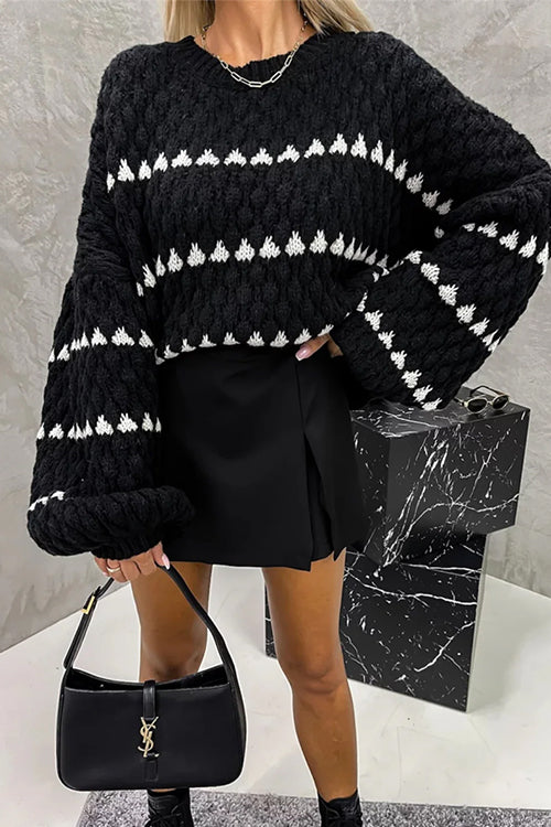 Lantern Sleeves Color Block Chunky Knit Sweater