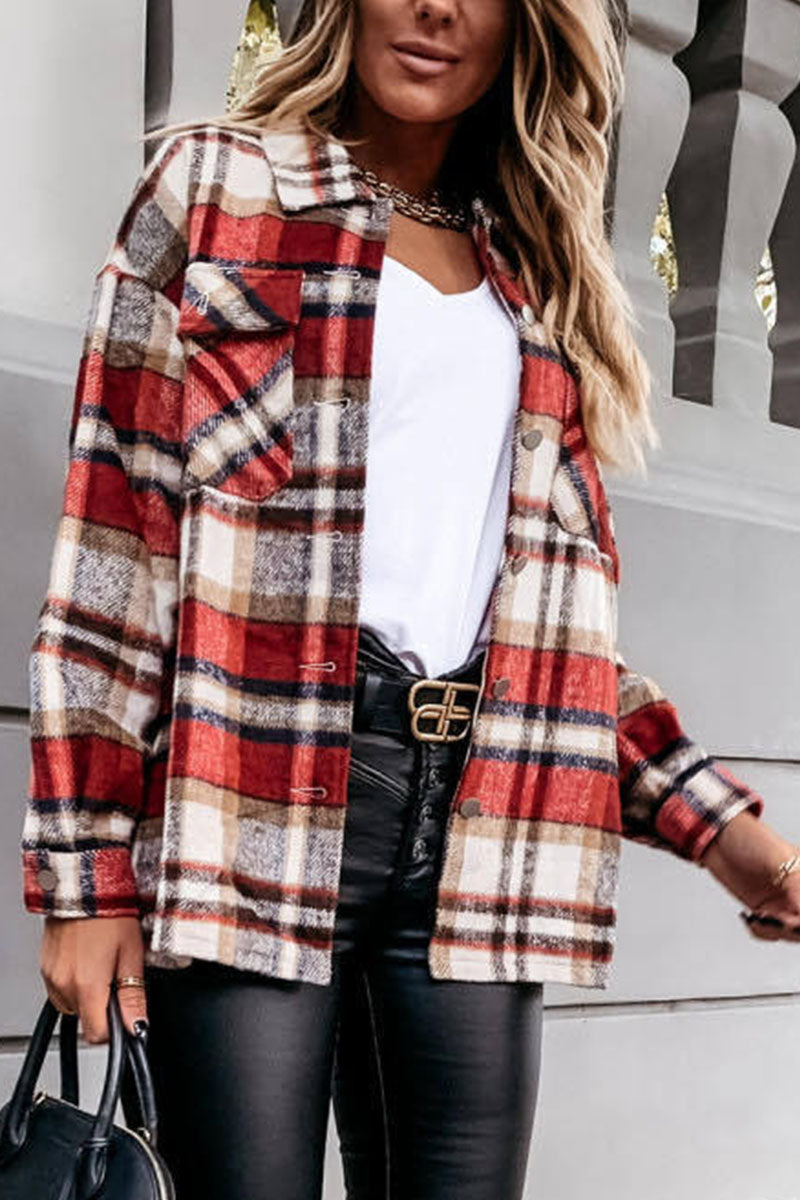 Daily Adult Plaid Cardigan Turndown Collar Blouses(3 Colors)