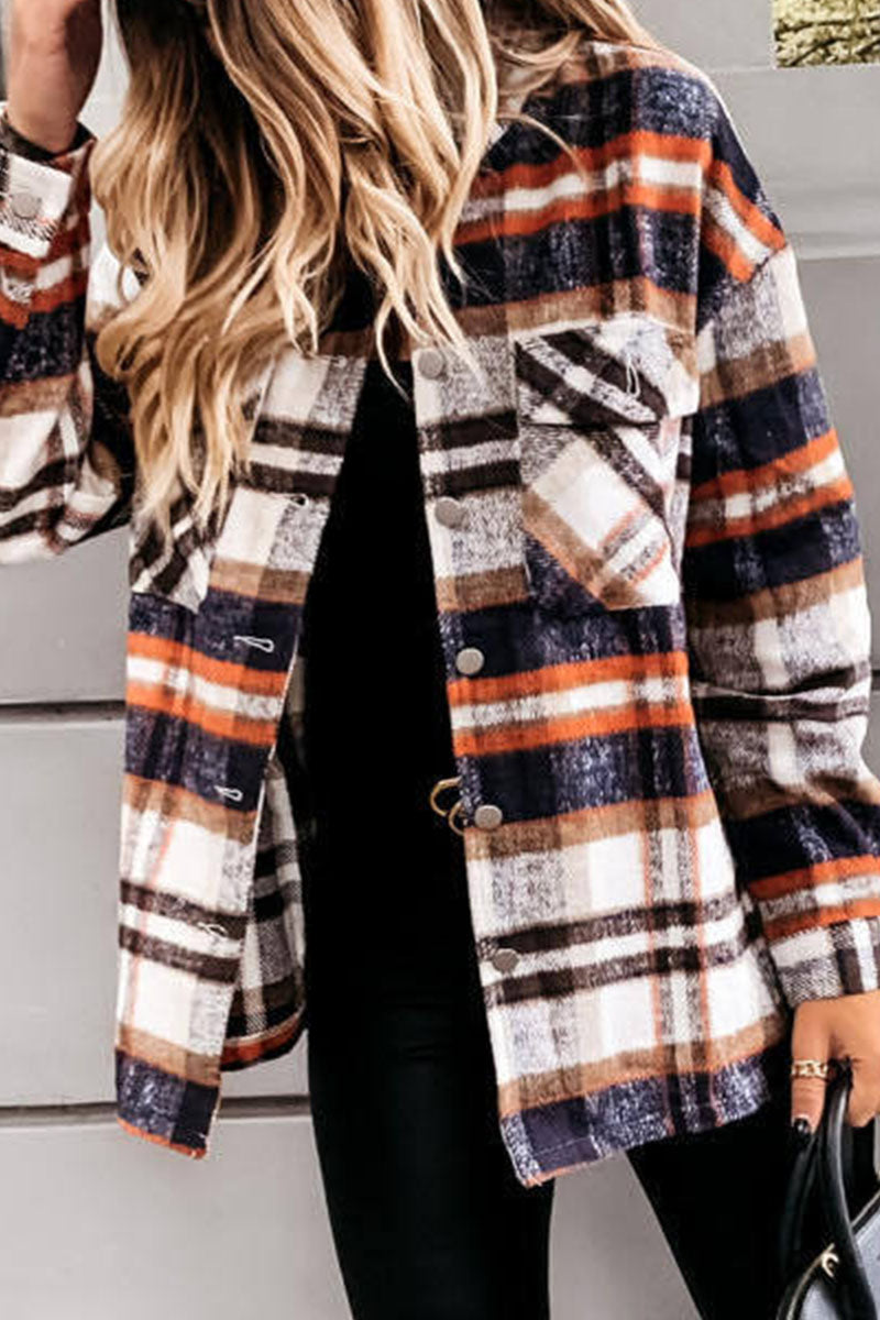 Daily Adult Plaid Cardigan Turndown Collar Blouses(3 Colors)