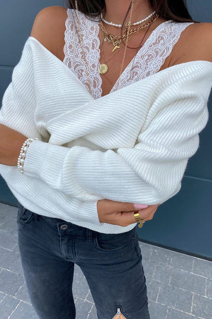 Hollowed Out Patchwork V Neck Sweaters(3 Colors)