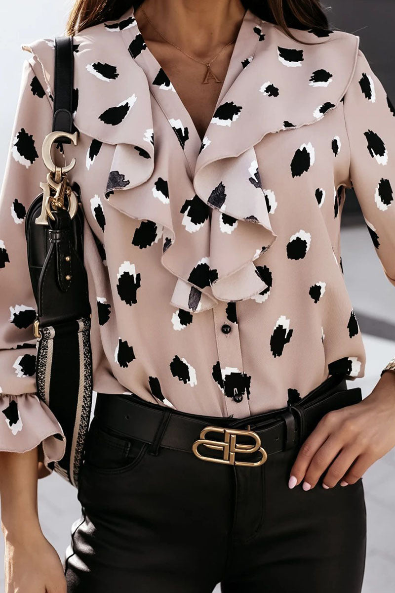 Sweet Print Flounce V Neck Blouses(3 Colors)