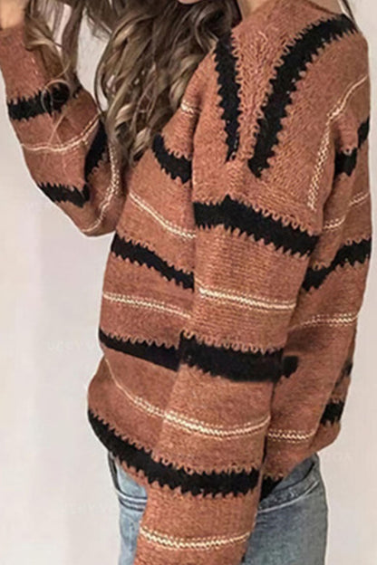 Street Striped Patchwork V Neck Sweaters