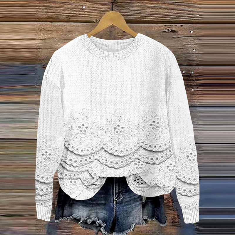 Vintage Floral Embroidery Lace Art Cozy Knit Crew Neck Sweater artswardrobe