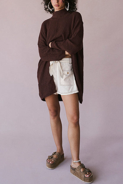 Color Long Sleeve Slit Knitted Sweater