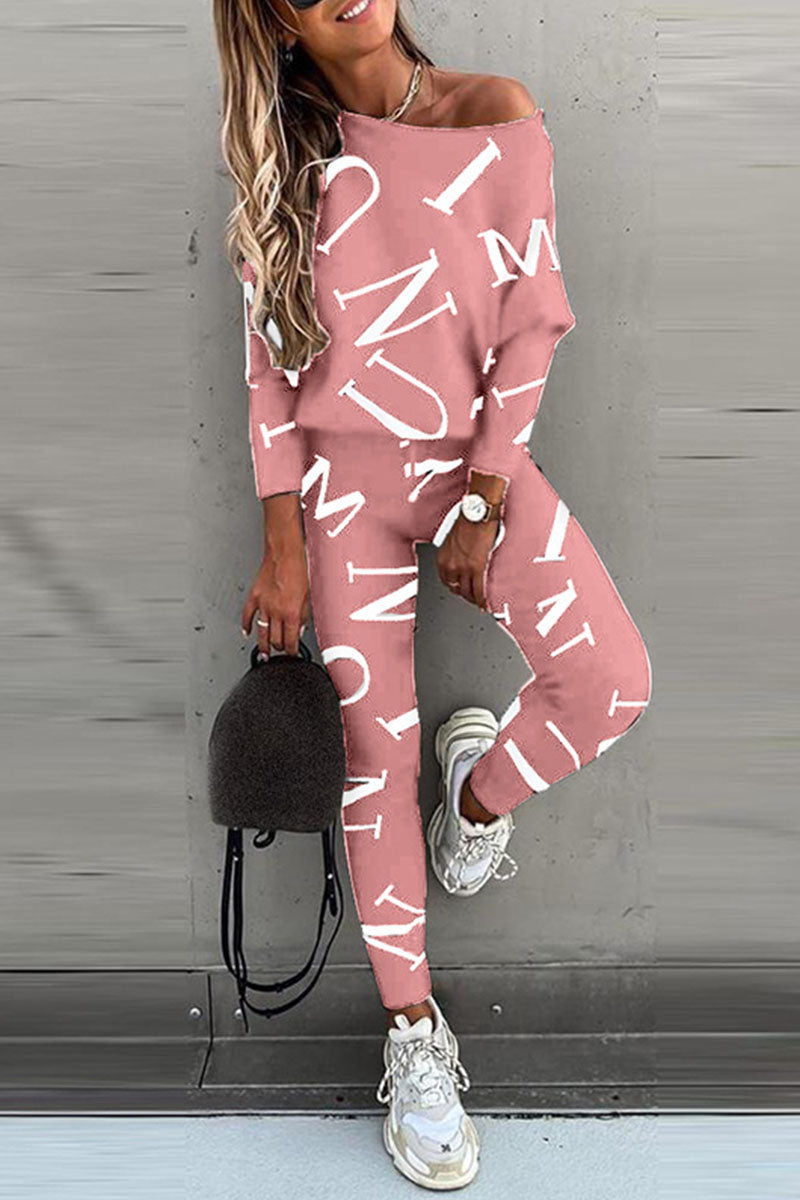 Letter Oblique Collar Long Sleeve Two Pieces