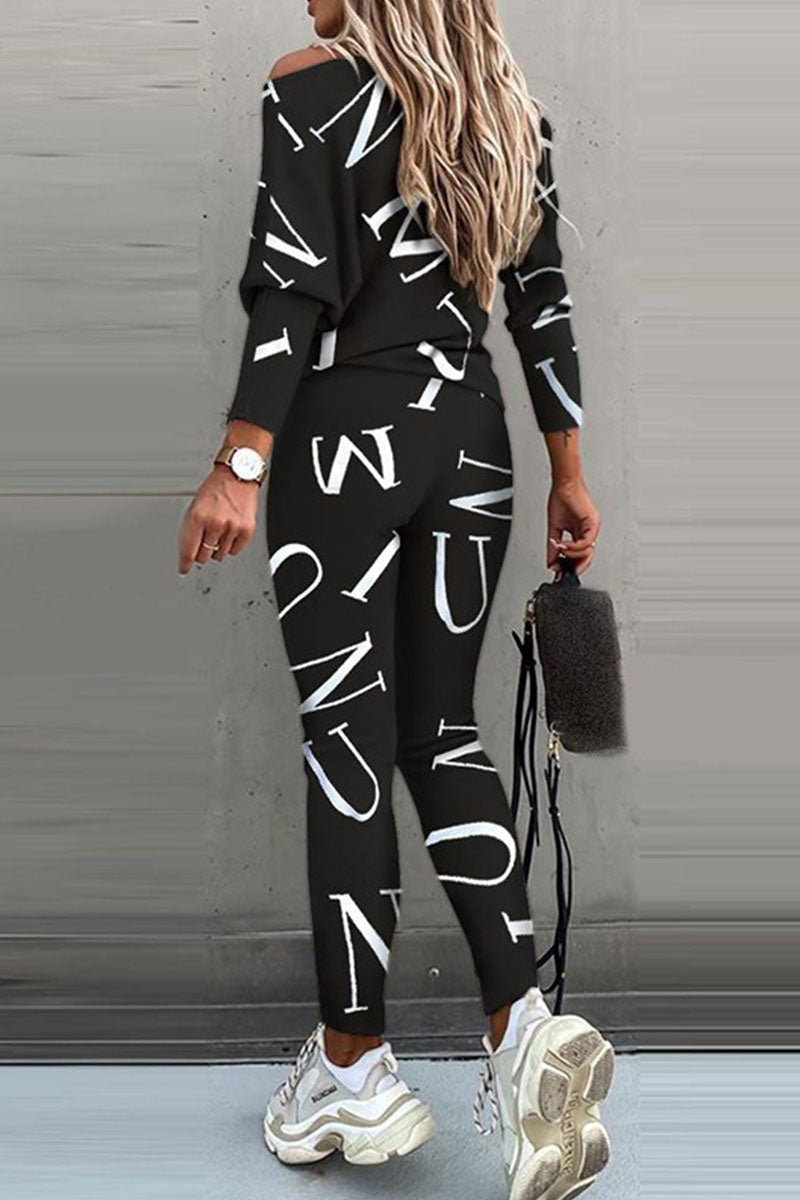 Letter Oblique Collar Long Sleeve Two Pieces