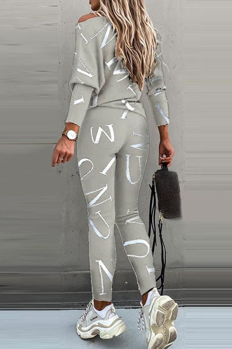 Letter Oblique Collar Long Sleeve Two Pieces