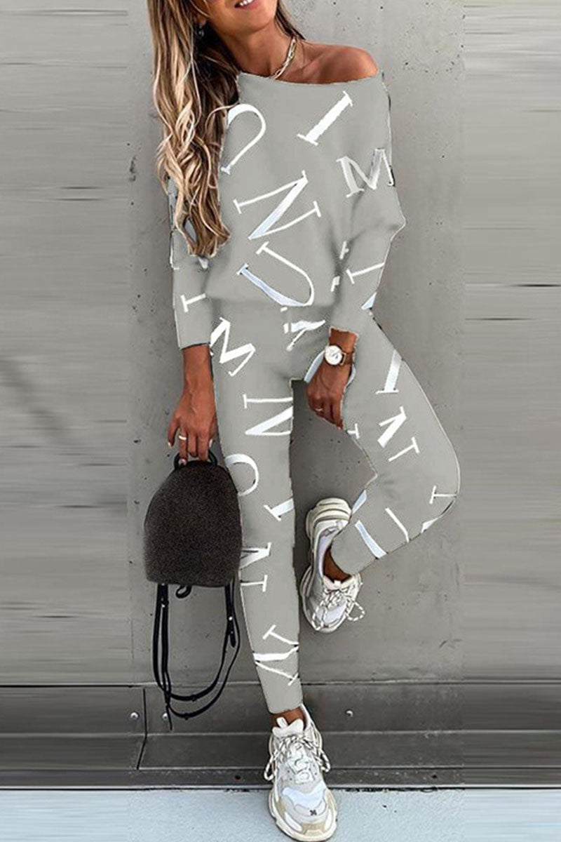 Letter Oblique Collar Long Sleeve Two Pieces