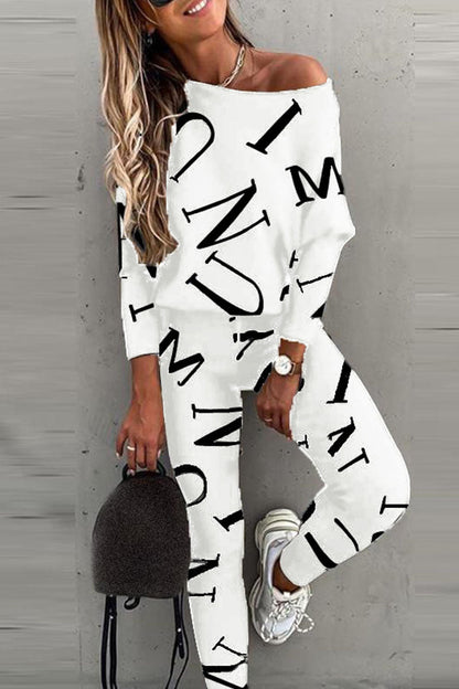 Letter Oblique Collar Long Sleeve Two Pieces