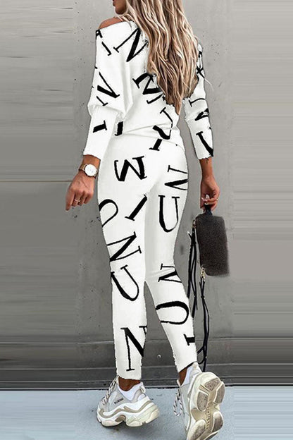 Letter Oblique Collar Long Sleeve Two Pieces