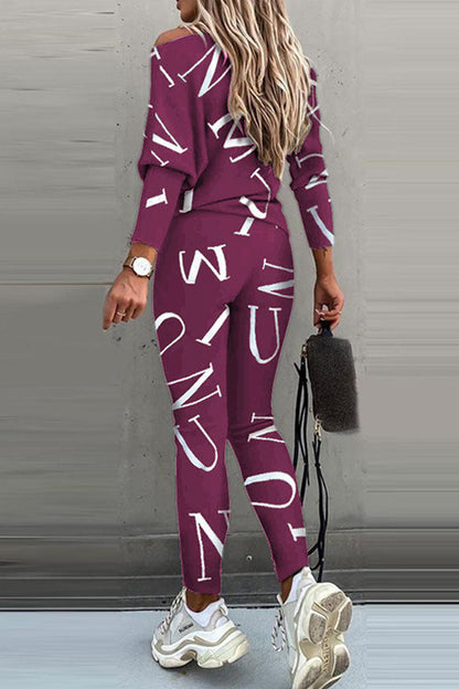 Letter Oblique Collar Long Sleeve Two Pieces