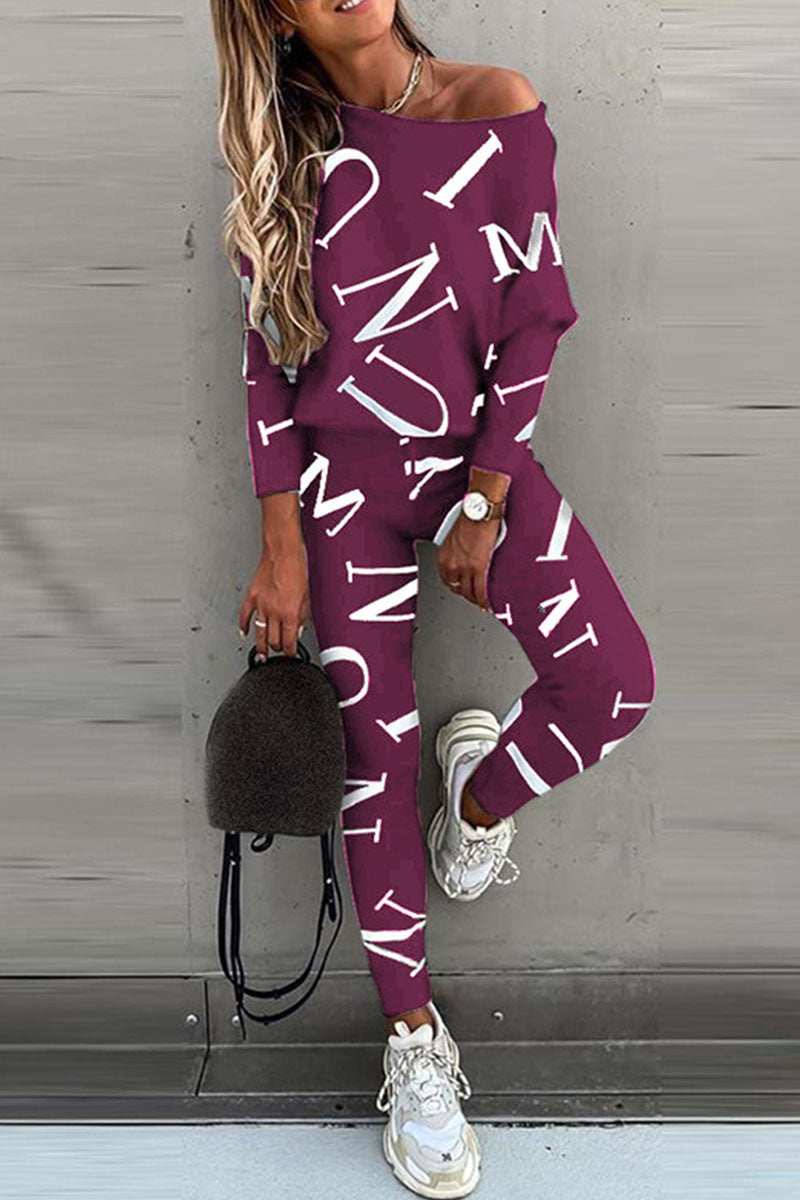 Letter Oblique Collar Long Sleeve Two Pieces