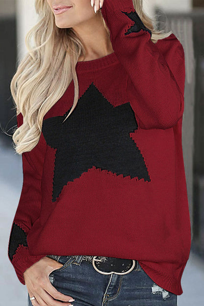 Print Patchwork O Neck Mid Waist Sweaters(4 Colors)
