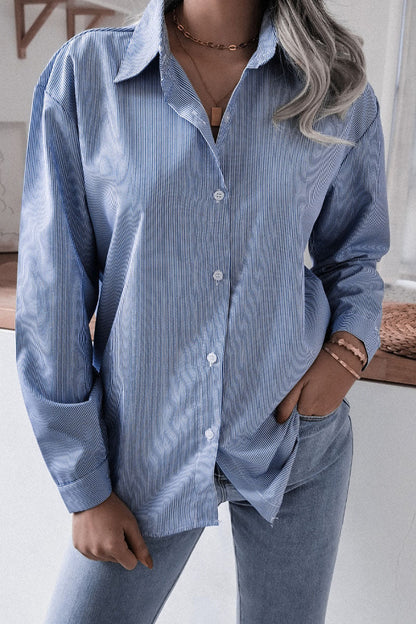 Striped Turndown Collar Blouses