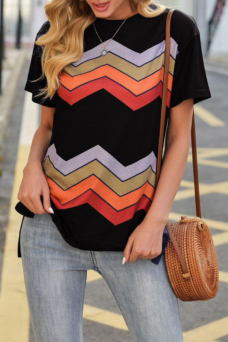 Street Striped Patchwork O Neck T-shirts