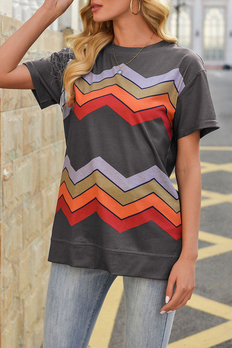 Street Striped Patchwork O Neck T-shirts