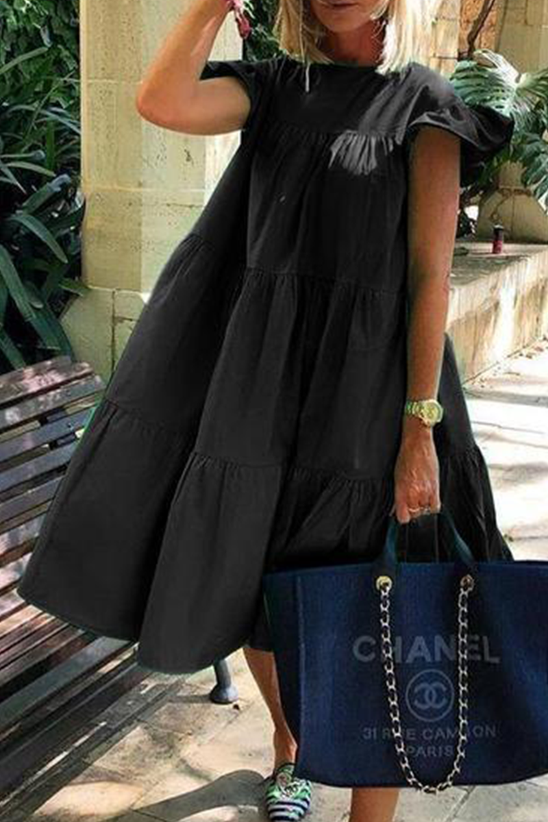 Patchwork Basic O Neck Cake Skirt Dresses