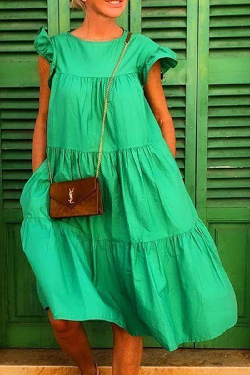 Patchwork Basic O Neck Cake Skirt Dresses