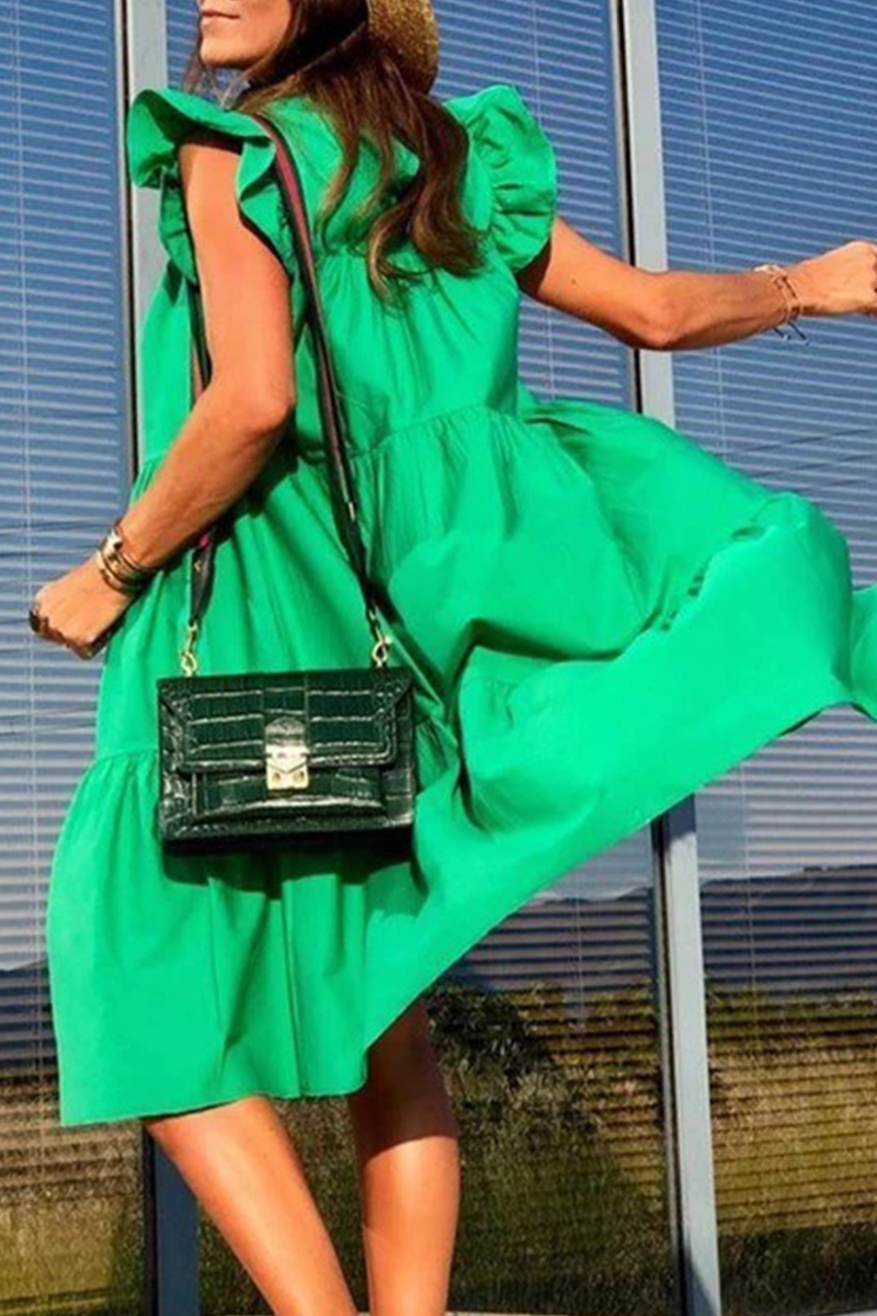 Patchwork Basic O Neck Cake Skirt Dresses