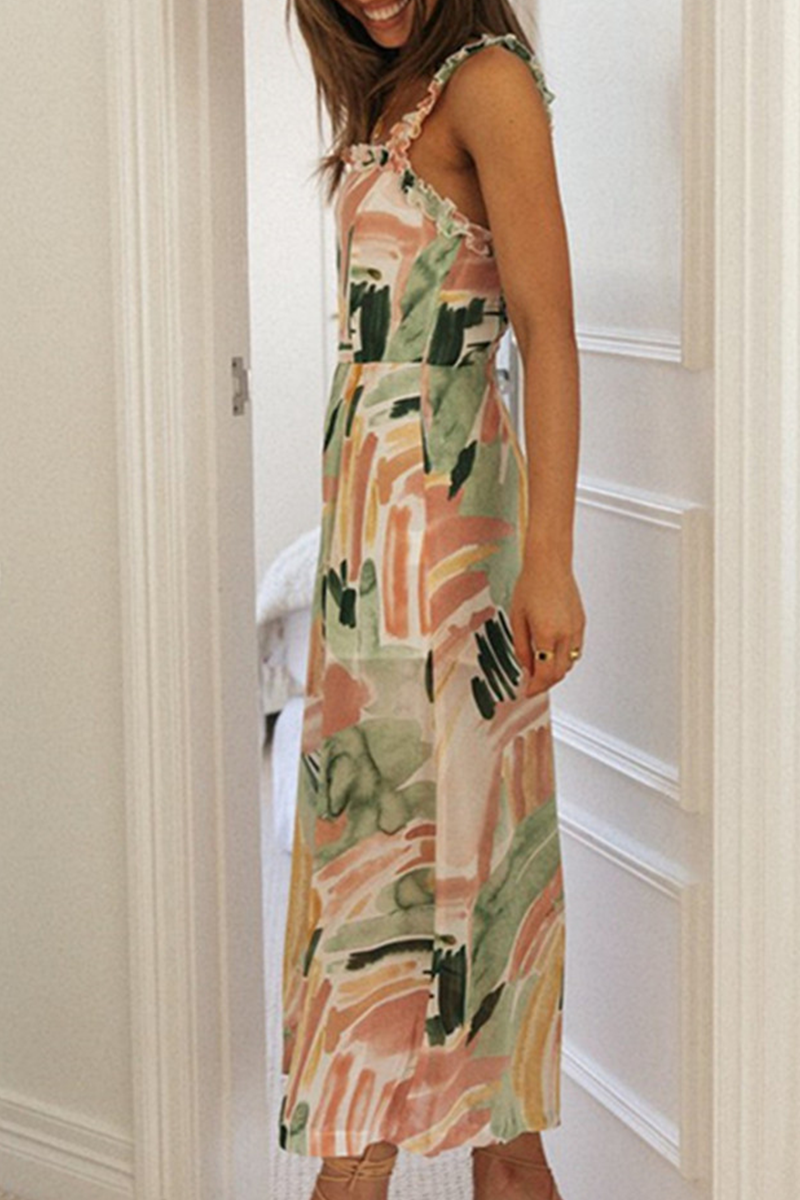 Print Flounce Spaghetti Strap Loose Jumpsuits