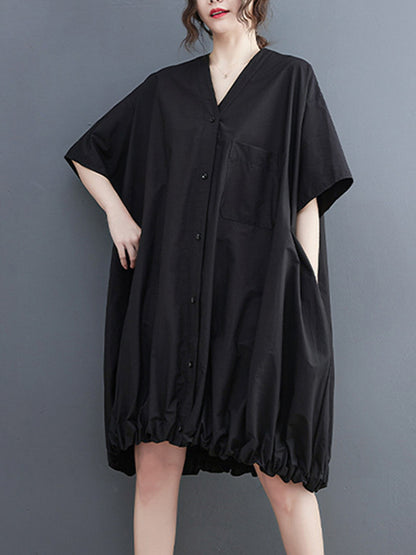 Loose Short Sleeves Color V-neck Midi Dresses