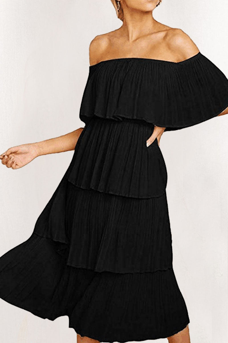 Sweet Patchwork Off the Shoulder Cake Skirt Dresses